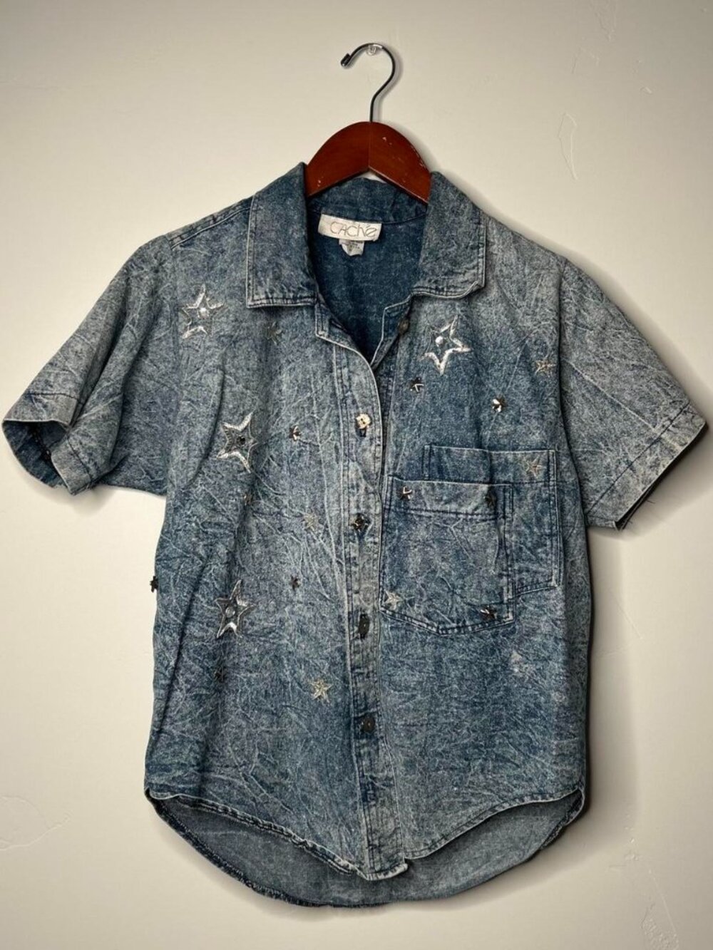 Cache blue denim button up shirt with white star embroidery size medium